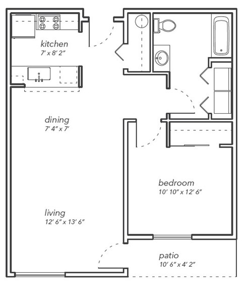 A black and white image of a floor plan for a house with a kitchen, dining area, bedroom, living room, and patio.